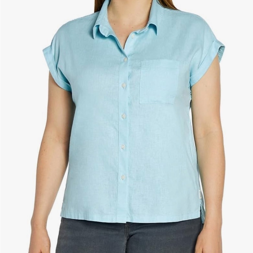 Orvis Womens' Linen Blend Short Sleeve Shirt Blue Size XL Relaxed Fit